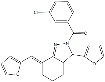 2-(3-chlorobenzoyl)-3-(2-furyl)-7-(2-furylmethylene)-3,3a,4,5,6,7-hexahydro-2H-indazole Struktur