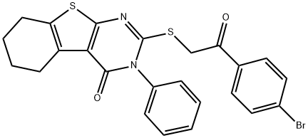 2-{[2-(4-bromophenyl)-2-oxoethyl]sulfanyl}-3-phenyl-5,6,7,8-tetrahydro[1]benzothieno[2,3-d]pyrimidin-4(3H)-one Struktur