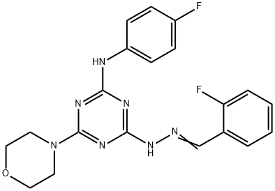 2-fluorobenzaldehyde [4-(4-fluoroanilino)-6-(4-morpholinyl)-1,3,5-triazin-2-yl]hydrazone Struktur