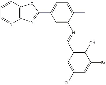 2-bromo-4-chloro-6-{[(2-methyl-5-[1,3]oxazolo[4,5-b]pyridin-2-ylphenyl)imino]methyl}phenol Struktur