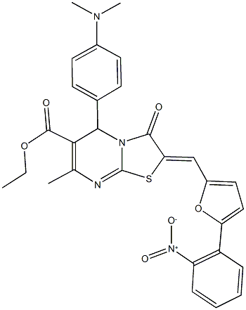 ethyl 5-[4-(dimethylamino)phenyl]-2-[(5-{2-nitrophenyl}-2-furyl)methylene]-7-methyl-3-oxo-2,3-dihydro-5H-[1,3]thiazolo[3,2-a]pyrimidine-6-carboxylate Struktur