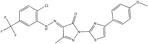 1-[4-(4-methoxyphenyl)-1,3-thiazol-2-yl]-3-methyl-1H-pyrazole-4,5-dione 4-{[2-chloro-5-(trifluoromethyl)phenyl]hydrazone} Struktur