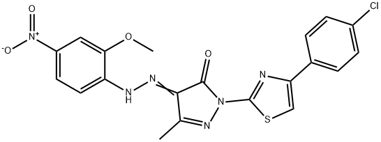 1-[4-(4-chlorophenyl)-1,3-thiazol-2-yl]-3-methyl-1H-pyrazole-4,5-dione 4-({4-nitro-2-methoxyphenyl}hydrazone) Struktur