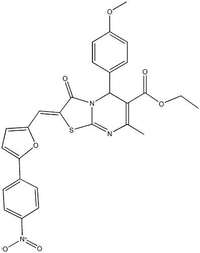 ethyl 2-[(5-{4-nitrophenyl}-2-furyl)methylene]-5-(4-methoxyphenyl)-7-methyl-3-oxo-2,3-dihydro-5H-[1,3]thiazolo[3,2-a]pyrimidine-6-carboxylate Struktur