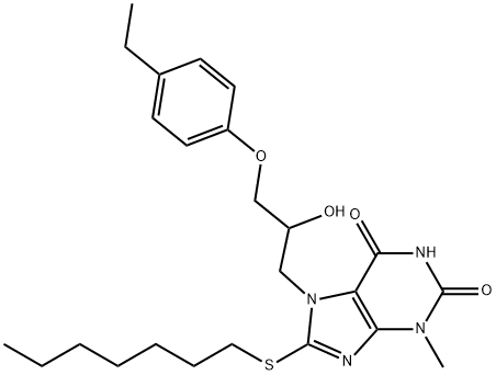 7-[3-(4-ethylphenoxy)-2-hydroxypropyl]-8-(heptylsulfanyl)-3-methyl-3,7-dihydro-1H-purine-2,6-dione Struktur