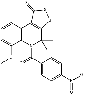 6-ethoxy-5-{4-nitrobenzoyl}-4,4-dimethyl-4,5-dihydro-1H-[1,2]dithiolo[3,4-c]quinoline-1-thione Struktur