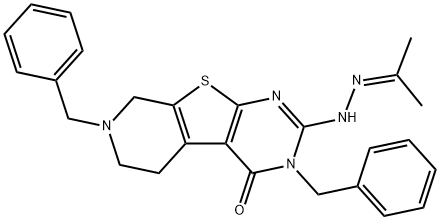 3,7-dibenzyl-2-[2-(1-methylethylidene)hydrazino]-5,6,7,8-tetrahydropyrido[4',3':4,5]thieno[2,3-d]pyrimidin-4(3H)-one Struktur