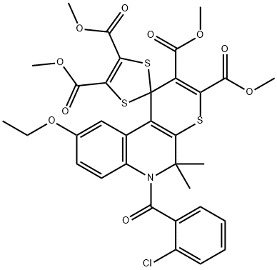 tetramethyl 6-(2-chlorobenzoyl)-9-ethoxy-5,5-dimethyl-5,6-dihydrospiro(1H-thiopyrano[2,3-c]quinoline-1,2'-[1,3]-dithiole)-2,3,4',5'-tetracarboxylate Struktur