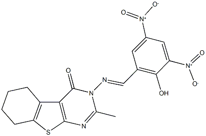 3-({2-hydroxy-3,5-bisnitrobenzylidene}amino)-2-methyl-5,6,7,8-tetrahydro[1]benzothieno[2,3-d]pyrimidin-4(3H)-one Struktur