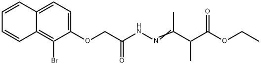 ethyl 3-({[(1-bromo-2-naphthyl)oxy]acetyl}hydrazono)-2-methylbutanoate Struktur