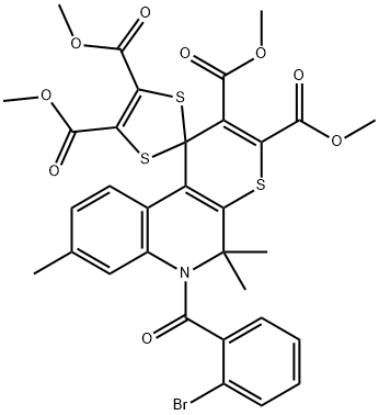 tetramethyl 6-(2-bromobenzoyl)-5,5,8-trimethyl-5,6-dihydrospiro(1H-thiopyrano[2,3-c]quinoline-1,2'-[1,3]-dithiole)-2,3,4',5'-tetracarboxylate Struktur