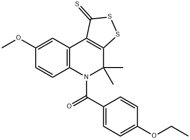 5-(4-ethoxybenzoyl)-8-methoxy-4,4-dimethyl-4,5-dihydro-1H-[1,2]dithiolo[3,4-c]quinoline-1-thione Struktur