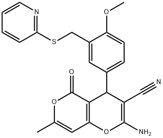 2-amino-4-{4-methoxy-3-[(2-pyridinylsulfanyl)methyl]phenyl}-7-methyl-5-oxo-4H,5H-pyrano[4,3-b]pyran-3-carbonitrile Struktur