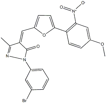 2-(3-bromophenyl)-4-[(5-{2-nitro-4-methoxyphenyl}-2-furyl)methylene]-5-methyl-2,4-dihydro-3H-pyrazol-3-one Struktur