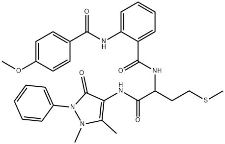 N-[1-{[(1,5-dimethyl-3-oxo-2-phenyl-2,3-dihydro-1H-pyrazol-4-yl)amino]carbonyl}-3-(methylsulfanyl)propyl]-2-[(4-methoxybenzoyl)amino]benzamide Struktur