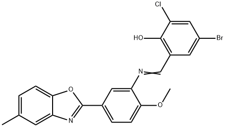 4-bromo-2-chloro-6-({[2-methoxy-5-(5-methyl-1,3-benzoxazol-2-yl)phenyl]imino}methyl)phenol Struktur