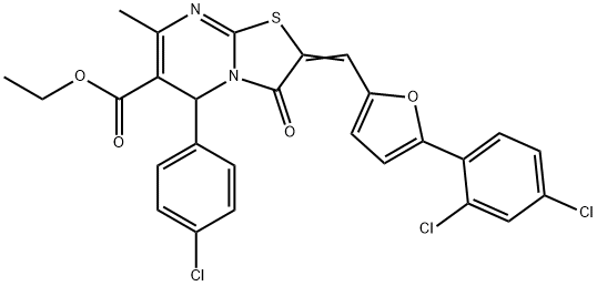 ethyl 5-(4-chlorophenyl)-2-{[5-(2,4-dichlorophenyl)-2-furyl]methylene}-7-methyl-3-oxo-2,3-dihydro-5H-[1,3]thiazolo[3,2-a]pyrimidine-6-carboxylate Struktur