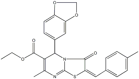 ethyl 5-(1,3-benzodioxol-5-yl)-7-methyl-2-(4-methylbenzylidene)-3-oxo-2,3-dihydro-5H-[1,3]thiazolo[3,2-a]pyrimidine-6-carboxylate Struktur