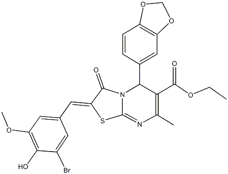 ethyl 5-(1,3-benzodioxol-5-yl)-2-(3-bromo-4-hydroxy-5-methoxybenzylidene)-7-methyl-3-oxo-2,3-dihydro-5H-[1,3]thiazolo[3,2-a]pyrimidine-6-carboxylate Struktur