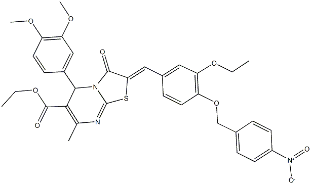 ethyl 5-(3,4-dimethoxyphenyl)-2-[3-ethoxy-4-({4-nitrobenzyl}oxy)benzylidene]-7-methyl-3-oxo-2,3-dihydro-5H-[1,3]thiazolo[3,2-a]pyrimidine-6-carboxylate Struktur