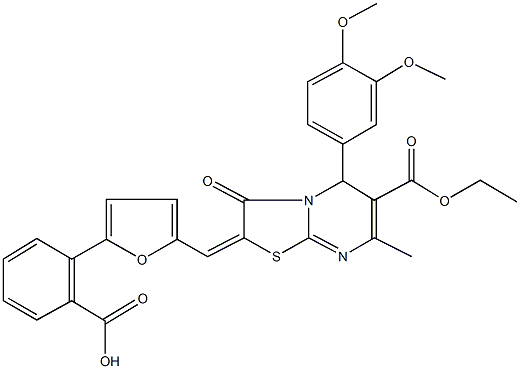 2-{5-[(5-(3,4-dimethoxyphenyl)-6-(ethoxycarbonyl)-7-methyl-3-oxo-5H-[1,3]thiazolo[3,2-a]pyrimidin-2(3H)-ylidene)methyl]-2-furyl}benzoic acid Struktur