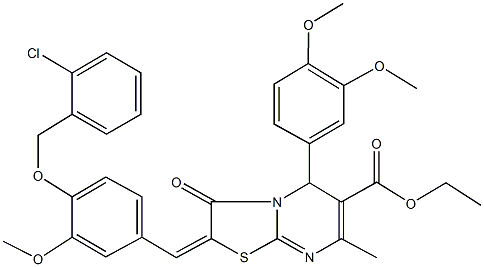 ethyl 2-{4-[(2-chlorobenzyl)oxy]-3-methoxybenzylidene}-5-(3,4-dimethoxyphenyl)-7-methyl-3-oxo-2,3-dihydro-5H-[1,3]thiazolo[3,2-a]pyrimidine-6-carboxylate Struktur