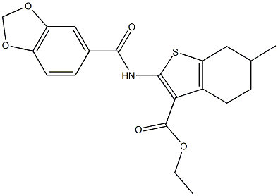 ethyl 2-[(1,3-benzodioxol-5-ylcarbonyl)amino]-6-methyl-4,5,6,7-tetrahydro-1-benzothiophene-3-carboxylate Struktur