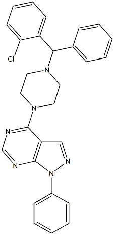 4-{4-[(2-chlorophenyl)(phenyl)methyl]-1-piperazinyl}-1-phenyl-1H-pyrazolo[3,4-d]pyrimidine Struktur