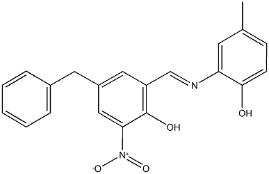 4-benzyl-2-{[(2-hydroxy-5-methylphenyl)imino]methyl}-6-nitrophenol Struktur