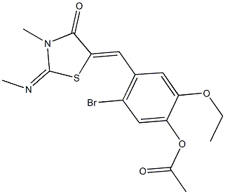 5-bromo-2-ethoxy-4-{[3-methyl-2-(methylimino)-4-oxo-1,3-thiazolidin-5-ylidene]methyl}phenyl acetate Struktur