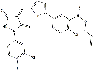 allyl 2-chloro-5-(5-{[1-(3-chloro-4-fluorophenyl)-3,5-dioxo-4-pyrazolidinylidene]methyl}-2-furyl)benzoate Struktur