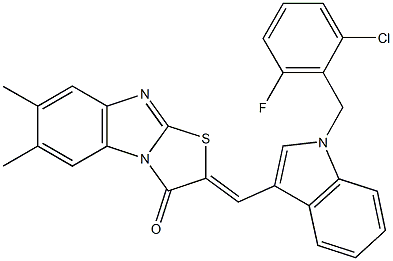 2-{[1-(2-chloro-6-fluorobenzyl)-1H-indol-3-yl]methylene}-6,7-dimethyl[1,3]thiazolo[3,2-a]benzimidazol-3(2H)-one Struktur