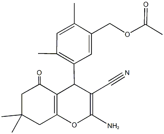 5-(2-amino-3-cyano-7,7-dimethyl-5-oxo-5,6,7,8-tetrahydro-4H-chromen-4-yl)-2,4-dimethylbenzyl acetate Struktur