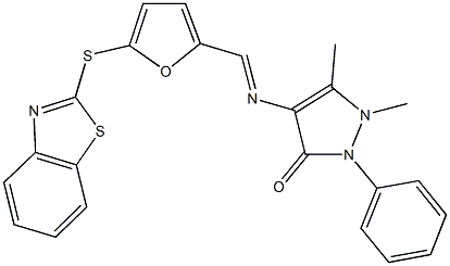 4-({[5-(1,3-benzothiazol-2-ylsulfanyl)-2-furyl]methylene}amino)-1,5-dimethyl-2-phenyl-1,2-dihydro-3H-pyrazol-3-one Struktur