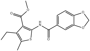 methyl 2-[(1,3-benzodioxol-5-ylcarbonyl)amino]-4-ethyl-5-methyl-3-thiophenecarboxylate Struktur