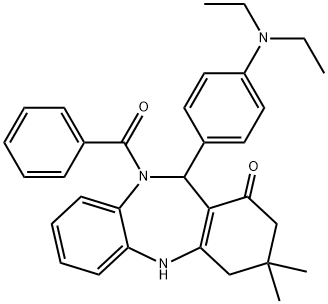 10-benzoyl-11-[4-(diethylamino)phenyl]-3,3-dimethyl-2,3,4,5,10,11-hexahydro-1H-dibenzo[b,e][1,4]diazepin-1-one Struktur