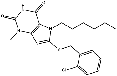 8-[(2-chlorobenzyl)sulfanyl]-7-hexyl-3-methyl-3,7-dihydro-1H-purine-2,6-dione Struktur