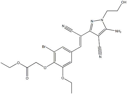 ethyl (4-{2-[5-amino-4-cyano-1-(2-hydroxyethyl)-1H-pyrazol-3-yl]-2-cyanovinyl}-2-bromo-6-ethoxyphenoxy)acetate Struktur