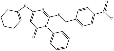 2-({4-nitrobenzyl}sulfanyl)-3-phenyl-5,6,7,8-tetrahydro[1]benzothieno[2,3-d]pyrimidin-4(3H)-one Struktur