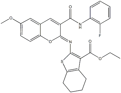 ethyl 2-({3-[(2-fluoroanilino)carbonyl]-6-methoxy-2H-chromen-2-ylidene}amino)-4,5,6,7-tetrahydro-1-benzothiophene-3-carboxylate Struktur