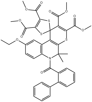 tetramethyl 6'-([1,1'-biphenyl]-2-ylcarbonyl)-9'-ethoxy-5',5'-dimethyl-5',6'-dihydrospiro(1,3-dithiole-2,1'-[1'H]-thiopyrano[2,3-c]quinoline)-2',3',4,5-tetracarboxylate Struktur