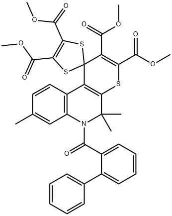 tetramethyl 6'-([1,1'-biphenyl]-2-ylcarbonyl)-5',5',8'-trimethyl-5',6'-dihydrospiro(1,3-dithiole-2,1'-[1'H]-thiopyrano[2,3-c]quinoline)-2',3',4,5-tetracarboxylate Struktur