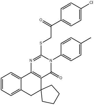 2-{[2-(4-chlorophenyl)-2-oxoethyl]sulfanyl}-3-(4-methylphenyl)-5,6-dihydrospiro(benzo[h]quinazoline-5,1'-cyclopentane)-4(3H)-one Struktur