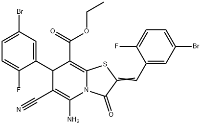 ethyl 5-amino-2-(5-bromo-2-fluorobenzylidene)-7-(5-bromo-2-fluorophenyl)-6-cyano-3-oxo-2,3-dihydro-7H-[1,3]thiazolo[3,2-a]pyridine-8-carboxylate Struktur