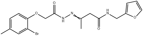 3-{[(2-bromo-4-methylphenoxy)acetyl]hydrazono}-N-(2-furylmethyl)butanamide Struktur