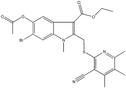 ethyl 5-(acetyloxy)-6-bromo-2-{[(3-cyano-4,5,6-trimethyl-2-pyridinyl)sulfanyl]methyl}-1-methyl-1H-indole-3-carboxylate Struktur