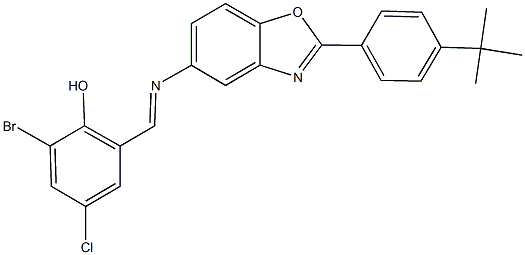 2-bromo-6-({[2-(4-tert-butylphenyl)-1,3-benzoxazol-5-yl]imino}methyl)-4-chlorophenol Struktur