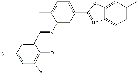 2-bromo-4-chloro-6-({[2-methyl-5-(6-methyl-1,3-benzoxazol-2-yl)phenyl]imino}methyl)phenol Struktur