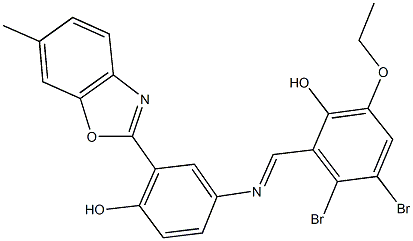 3,4-dibromo-6-ethoxy-2-({[4-hydroxy-3-(6-methyl-1,3-benzoxazol-2-yl)phenyl]imino}methyl)phenol Struktur