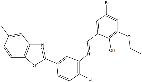 4-bromo-2-({[2-chloro-5-(5-methyl-1,3-benzoxazol-2-yl)phenyl]imino}methyl)-6-ethoxyphenol Struktur